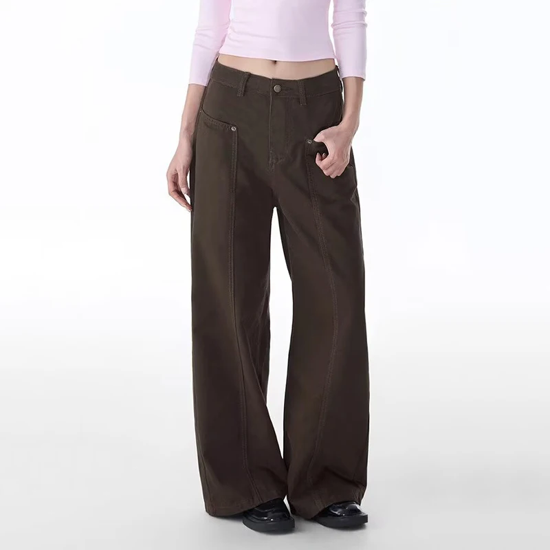 

Винтажные джинсы в американском стиле Cleanfit для женщин, свободные прямые брюки с эффектом потертости, повседневные уличные широкие джинсы, кофейные джинсы