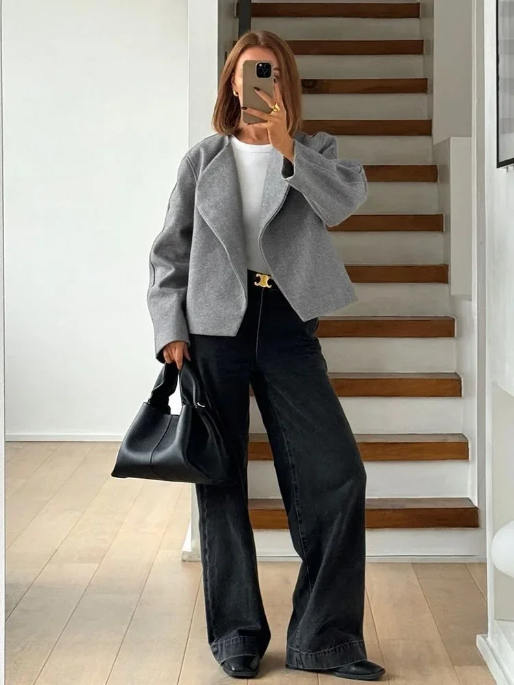 TARUXY Woolen Cardigan Jacket Women\'s Scalloped Unbuttoned Thickened Short Coat Solid Color Elegant Fall Winter New Outwear Lady