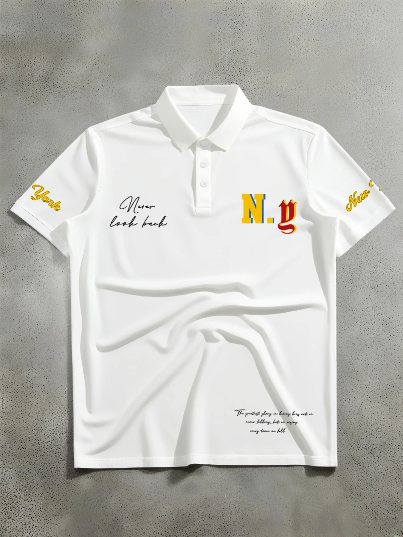 Men's Short Sleeved Polo Shirt, Street Style Never Look Ba Slogan Printed Short Sleeved Polo Shirt Men's Printed Polo
