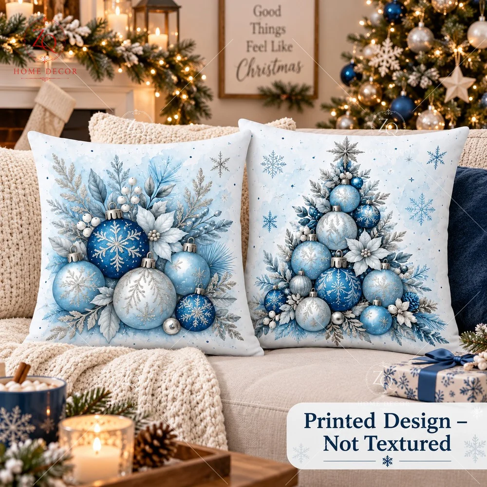 Luxury Blue Christmas Throw Pillow Case 2D Flat Printed Peach Skin Cushion Cover Pine Needle Decor For Living Room Sofa Bed Car