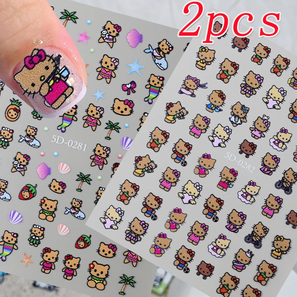 

2pcs 5D Hawaii Black Skin HelloKitty Nail Stickers Cute Cartoon Tanned Kitty Cat Slider Decal Y2K Tanning Kitty Manicure Sticker