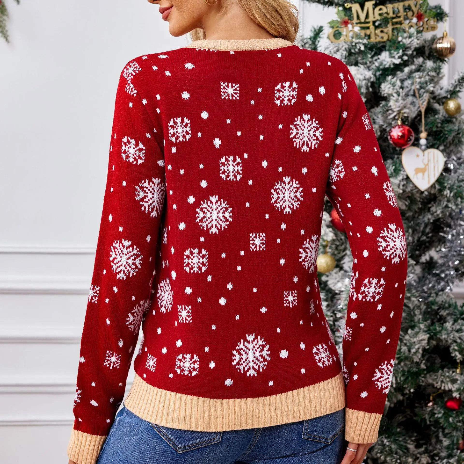 

Red Cisas Sweater Women's Autumn Winter New Sle Snowflake Cisas Overhead Thiened Long Sve Commute Sle Knitwear