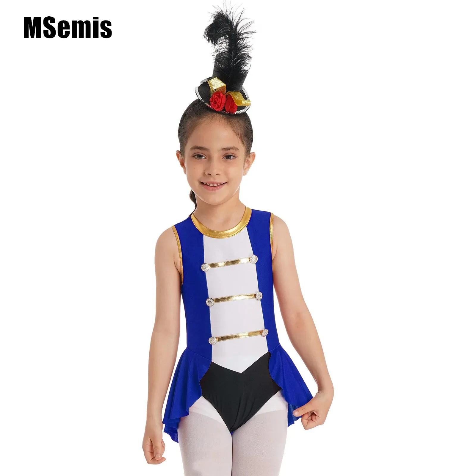 

Kids Girls Circus Dress Up Costume Set Sleeveless Back Hollow Out Vintage Buttons Adorned Color Contrast Cosplay Jumpsuit