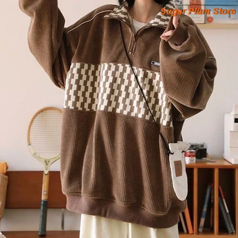 American Retro Waffle Semi-zipper Polo Neck Sweater Women's Autumn Loose Trend Comfortable and Casual Joker Checkerboard Coat