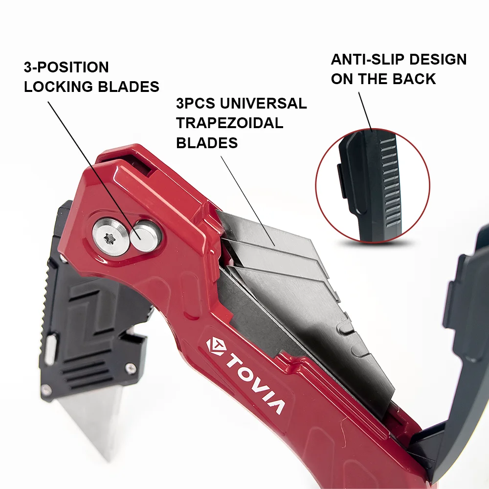 T TOVIA Folding Utility Knife Box Cutter, 3-Position Blades, Blade Storage Design with Extra 3 Blades, Box Knife for Cartons