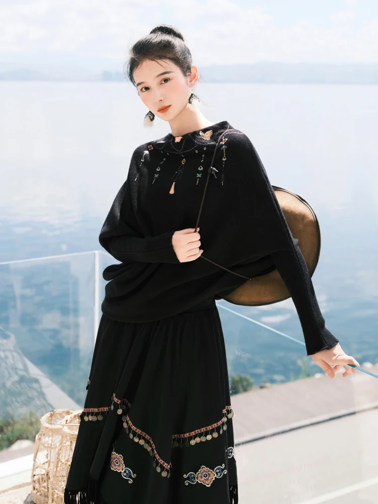 

Loose Fit Embroidered Wool Blend Sweater by Sulo Winter Original Design Ethnic Sle Women's Faion Knitwear Long Sve Cre...