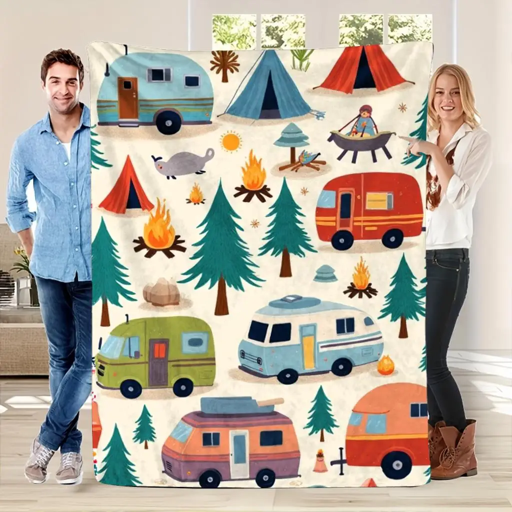 Cartoon Camper Tent Pine Campfire Cream Base Print Blanket, Light Flannel Throw For Couch Room, Camping Travel Daily Blanket