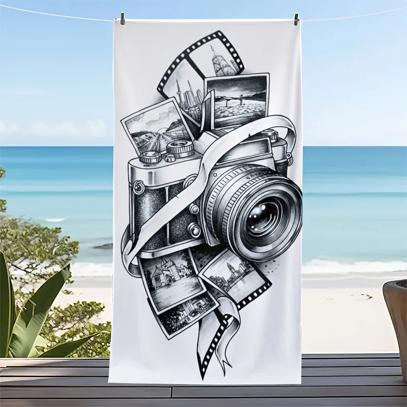 Camera Beach Towel Vintage Film Roll Photos Black White Illustration Seaside Decor Modern Retro Aesthetic Adult Gift