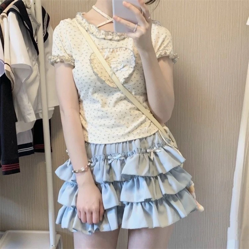 Kawaii Lolita Ruffle Women Skirt Cutecore Sweet Japanese Style Mini Skirts Layered Bow Patchwork Pleated Short Skirt +T-shirt