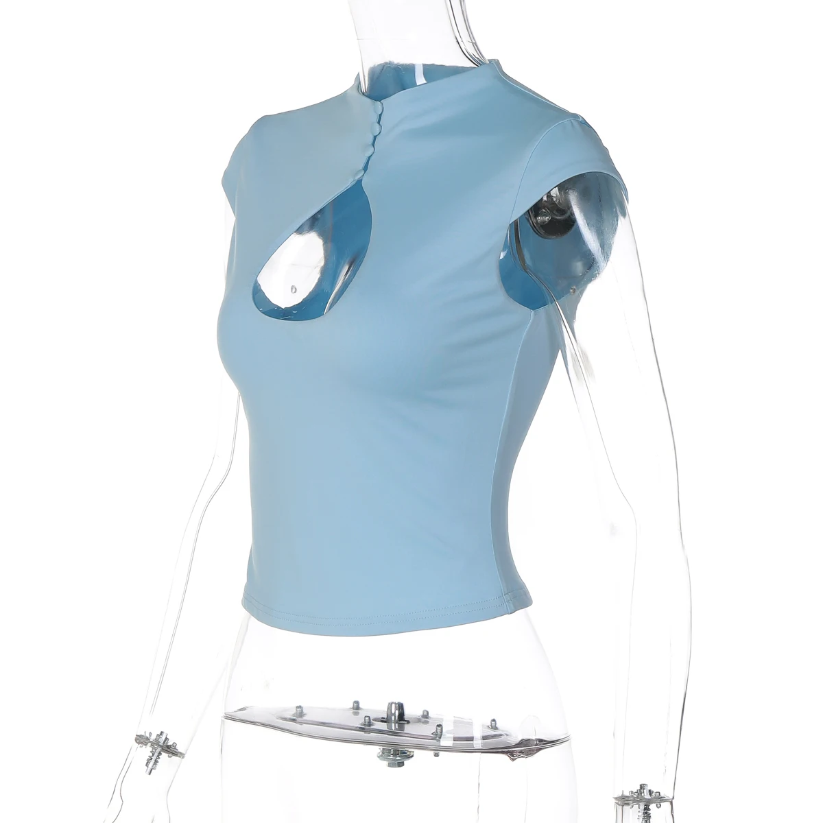 Hugcitar Modisches, einfarbiges, kurzärmliges, mit Knöpfen und Aussparungen verziertes, sexy Crop-Tanktop für den Sommer – Damen-Outfit für Streetwear, Party, Club, Y2K – Detail 3
