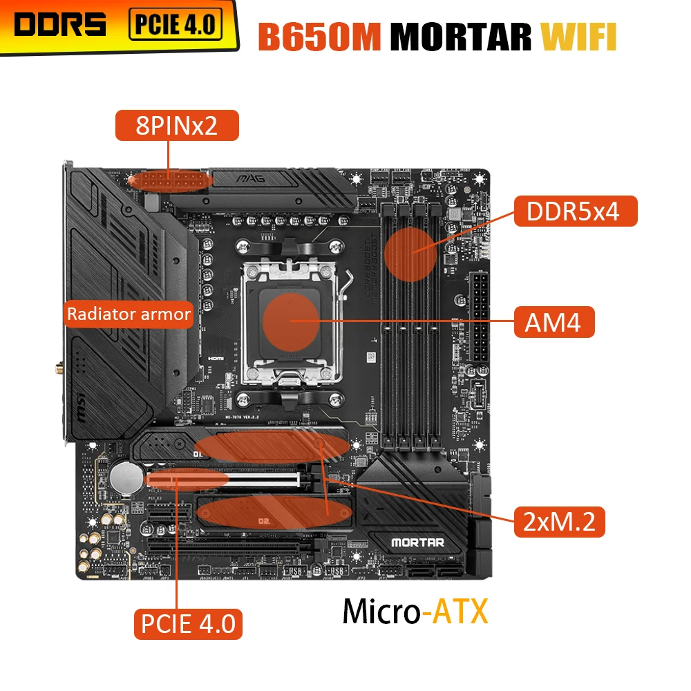 Combo MSI MAG B650M MORTAR WIFI DDR5 Motherboard AM5 With AMD Ryzen 7 7700X Processor Kit Fury 5200MHz DDR5 16G x2 RGB Memory