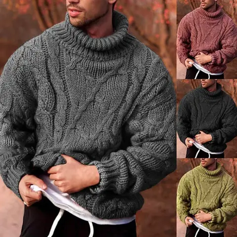 KIDWHXR Autumn Winter Man Turtleneck Knitted Sweater Loose Casual Solid Pullover Tops Men Long Sleeve Versatile Male Knitwear