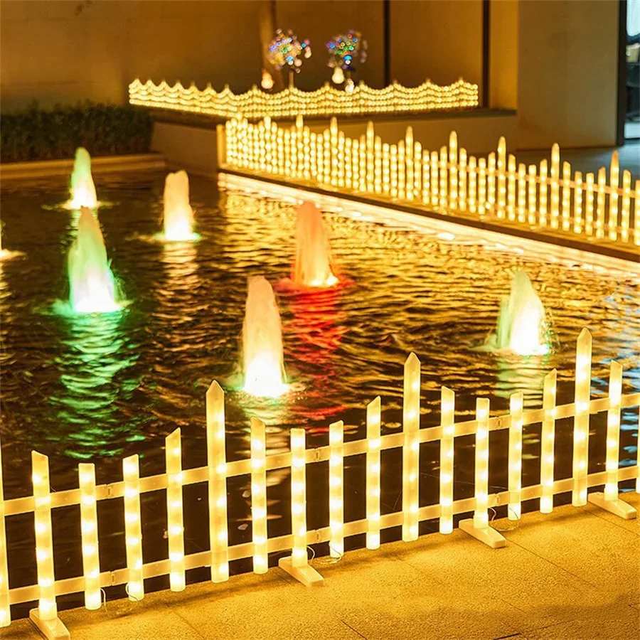 8 Pack Christmas Decorations Lighted Garden Fence Outdoor Plastic  Edging  White Picket Fence Lights 8 Modes for Tree Yard Pet B