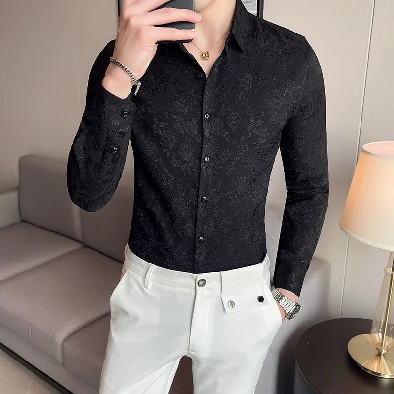 Luxury Vintage Jacquard Shirt 2023 Spring Long Sleeve Slim Fit Casual Tuxedo Fashion Man Wedding social Shirts Plus Size 4XL-M