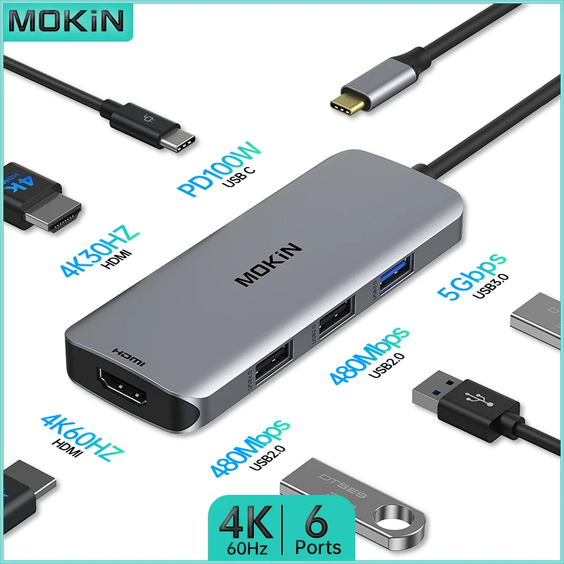 

Док-станция MOKiN 6 в 1 — PD 100 Вт, USB2.0, USB3.0, HDMI 4K30 Гц, HDMI 4K60 Гц — для MacBook Air/Pro, iPad, ноутбука Thunderbolt