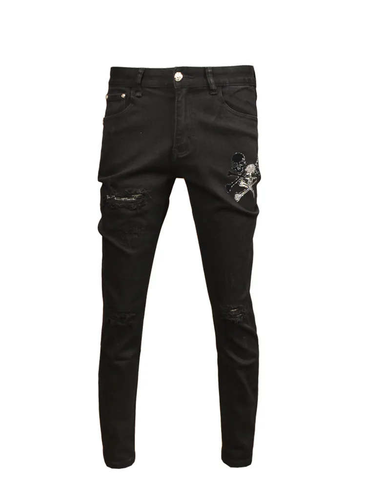 2023 New Black Ripped Jeans Men's Autumn and Winter Fashion Design Patch Stretch Casual Slim Fit Tapered Pants