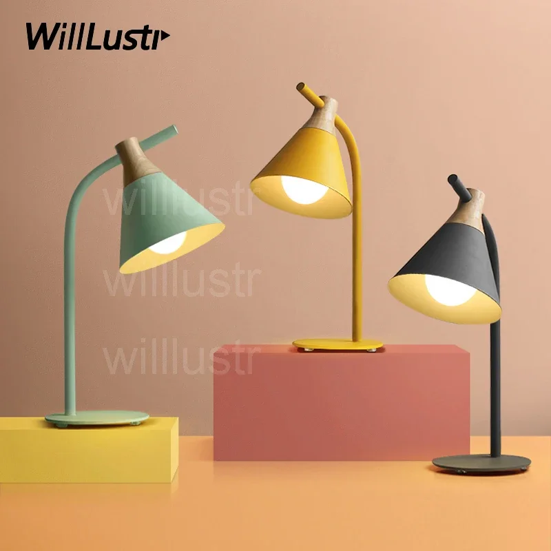 

Willlustr iron wood table lamp reading light bedside study room sofa desk lighting office hotel Macaron color pink yellow gray