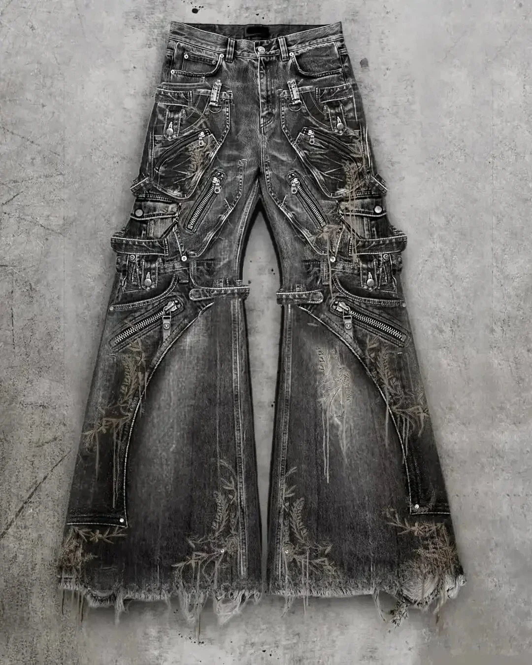 Streetwear Goth Punk Multi-Pocket Cargo Jeans Mens Black Distressed Flared Denim Pants with Straps Zippers Studs Frayed Edges