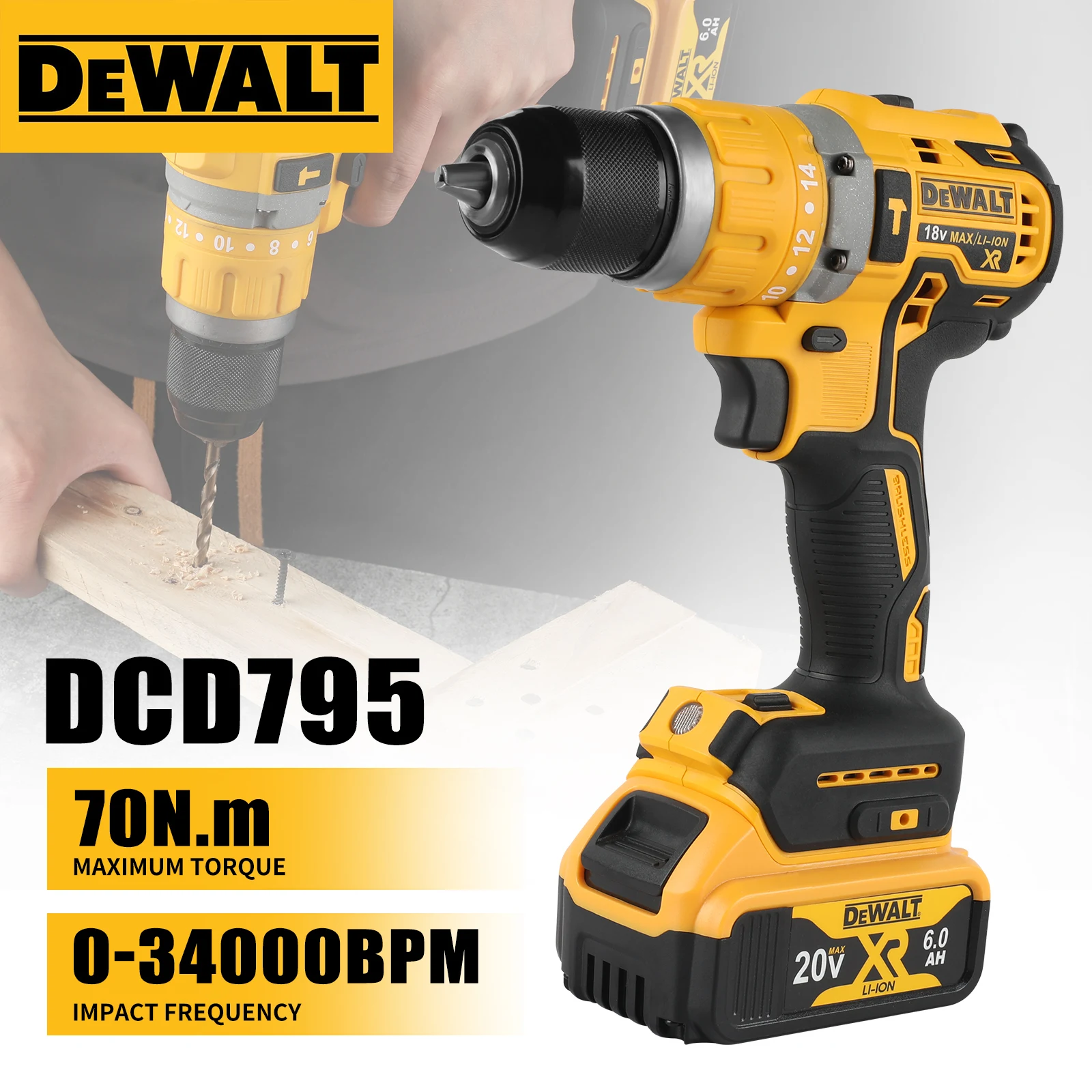

Dewalt 2000 об/мин DCD795 Аккумуляторная электрическая дрель Бесщеточный шуруповерт Регулируемая скорость Ударная ручная дрель Аккумуляторные электроинструменты