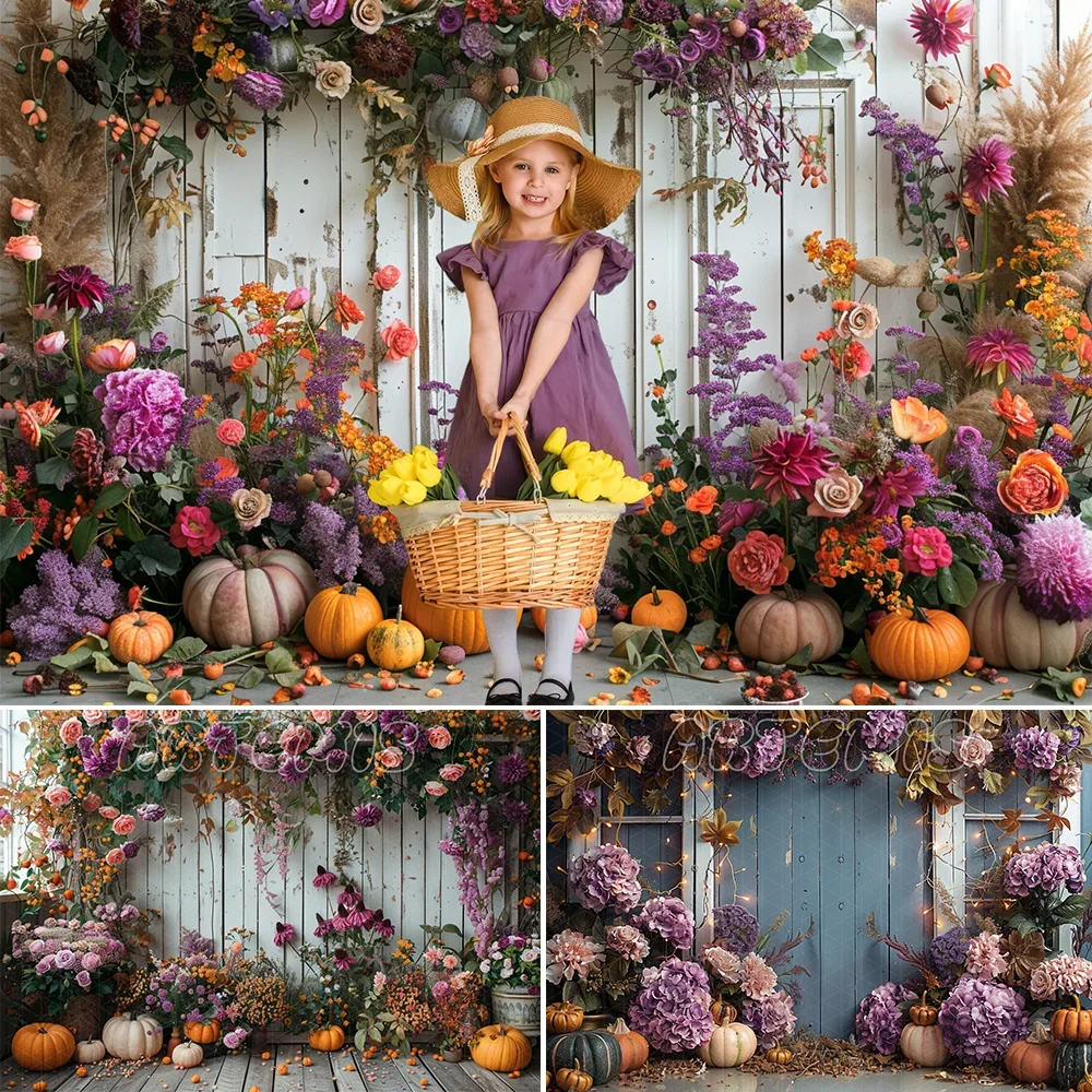 Fall Photography Backdrop Purple Pink Floral Wall White Wooden Fence Pumpkin Vines Hydrangeas Background Photo Studio Photocall