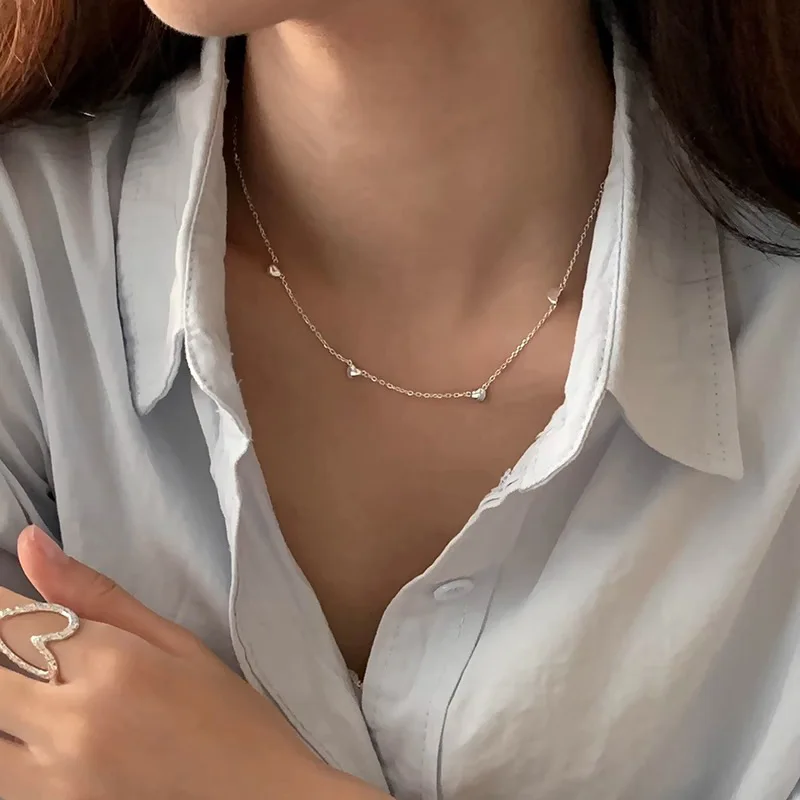 925 Silver Simple A String of Heart Chain Necklaces for Fashion Women Fine Jewelry Minimalist Accessories