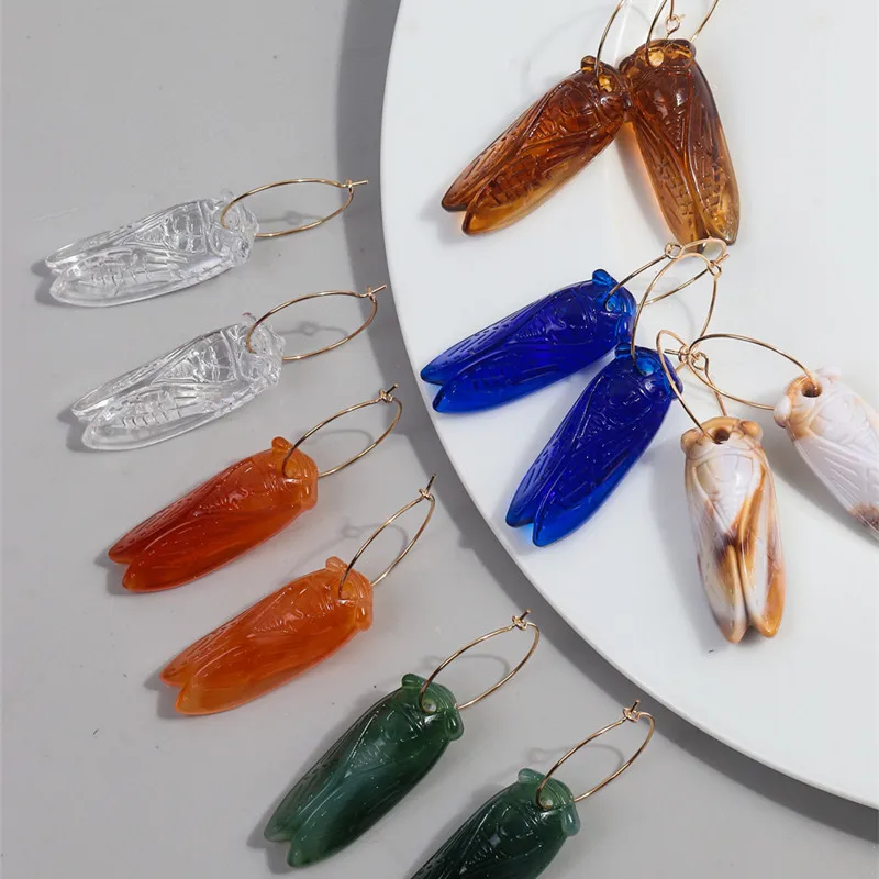 FishSheep Creative Geometric Resin Cicada Drop Earrings for Women Funny Animal Acrylic Multi Color Pendent Earring Jewelry Gifts