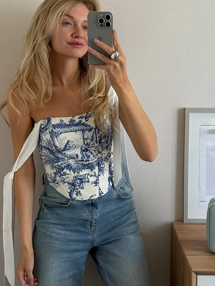 Bedruckte Schnür-Korsett-Tops für Damen, sexy, trägerlos, ärmellos, rückenfrei, schmal geschnitten, unregelmäßiger Saum, kurzes Top, neu, Partykleidung – Detail 32