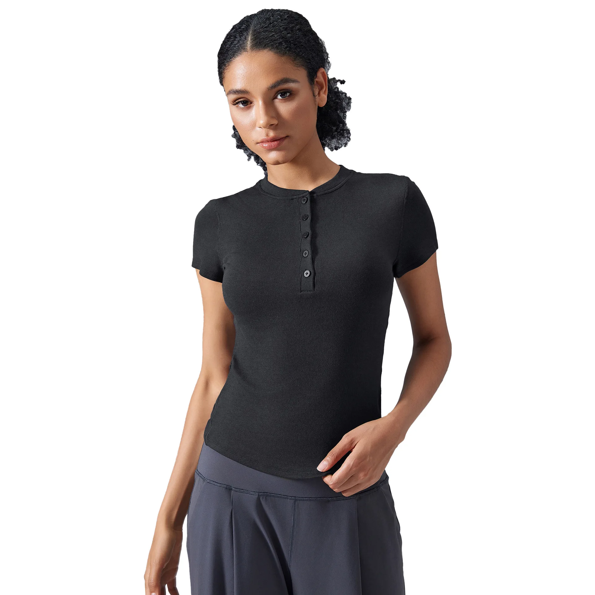 

Mermaid Curve Yoga Short-sleeved Women's Modal Button Skin-friendly Fitness T-shirt Casual Slimming Running Sports Top