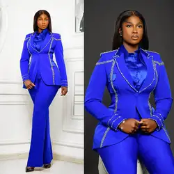 Sparkling Royal Blue Women Suits Outfits 2 Pieces Set Luxury Beaded Pearls Jacket Custom Made Party Formal Dresses