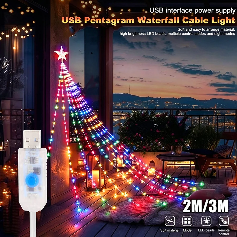 LED-Lichterkette für den Außenbereich, 2/3 m, USB, wasserdicht, mit 8 Beleuchtungsmodi für Garten, Weihnachtsbaum, Party-Dekoration