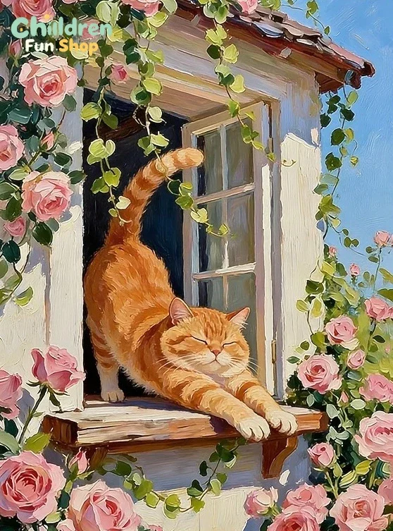 Orange Cat And A Pink Rose Design DIY Diamond Painting Mosaic Handmade Artwork Round/Square Diamonds Gift Home Decor,No Frame