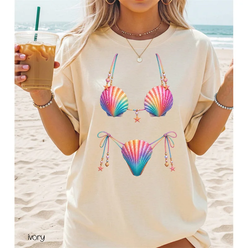 Fun Seashell Bikini 3D Print Sea Beach T-shirt For Women Personalized Vacation Style Breathable Loose T Shirts Summer Leisure