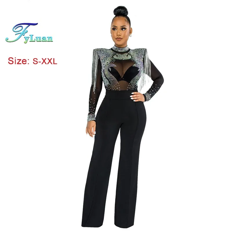 

Модные женские комбинезоны с воротником-стойкой, полуперспективные горячие стразы, цельные брюки, дизайн с кисточками, комбинезоны с длинными рукавами