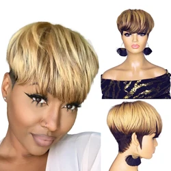 6 Inch 150% Density Pixie Hair Cut Black Women Short Bob Wig Human Hair Ombre No Lace Front Wig With Bangs Full Machine Made Wig