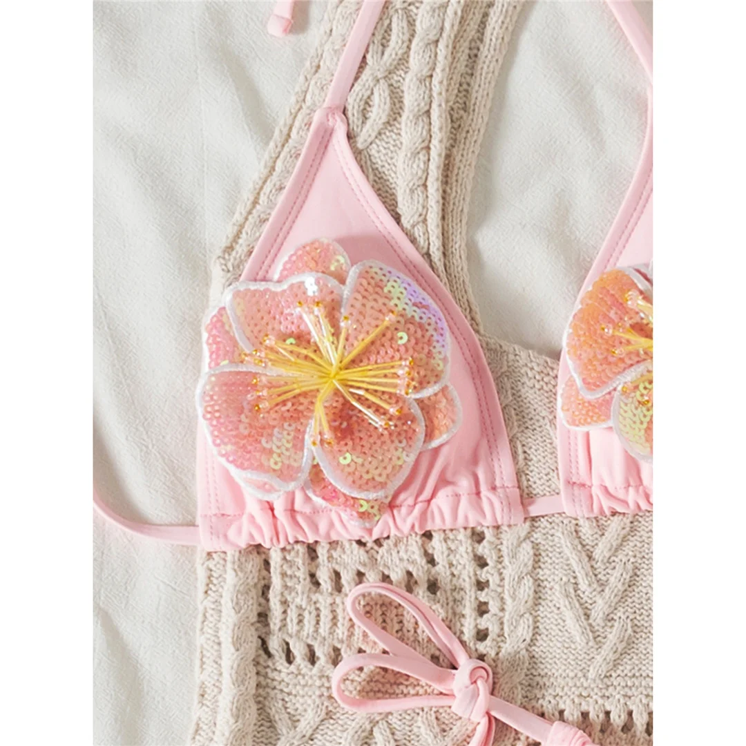 3D-Blumen-Neckholder-Bikini mit hohem Beinausschnitt, Damen-Badeanzug, zweiteiliges Bikini-Set, Badebekleidung, Badeanzug, Schwimmbekleidung V6962 – Detail 11