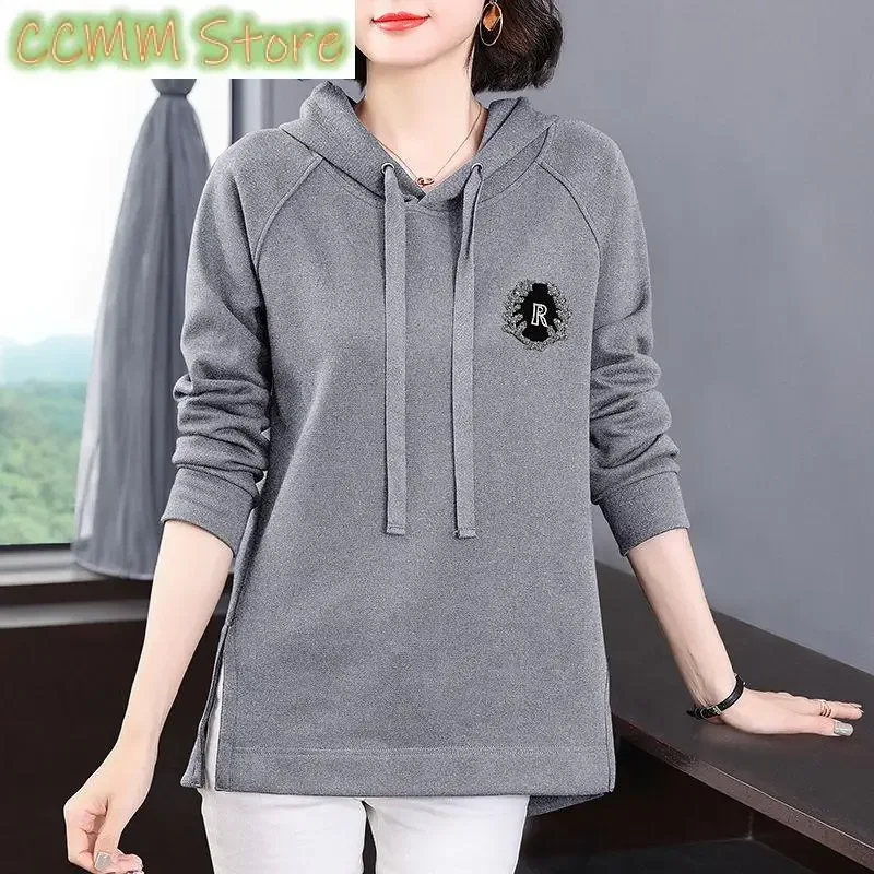 

Korean Hooded Drawstring Pullovers Spring Autumn Fashion Patch Designs Diamonds Women's Clothing Solid Color Midi Sweatshirts