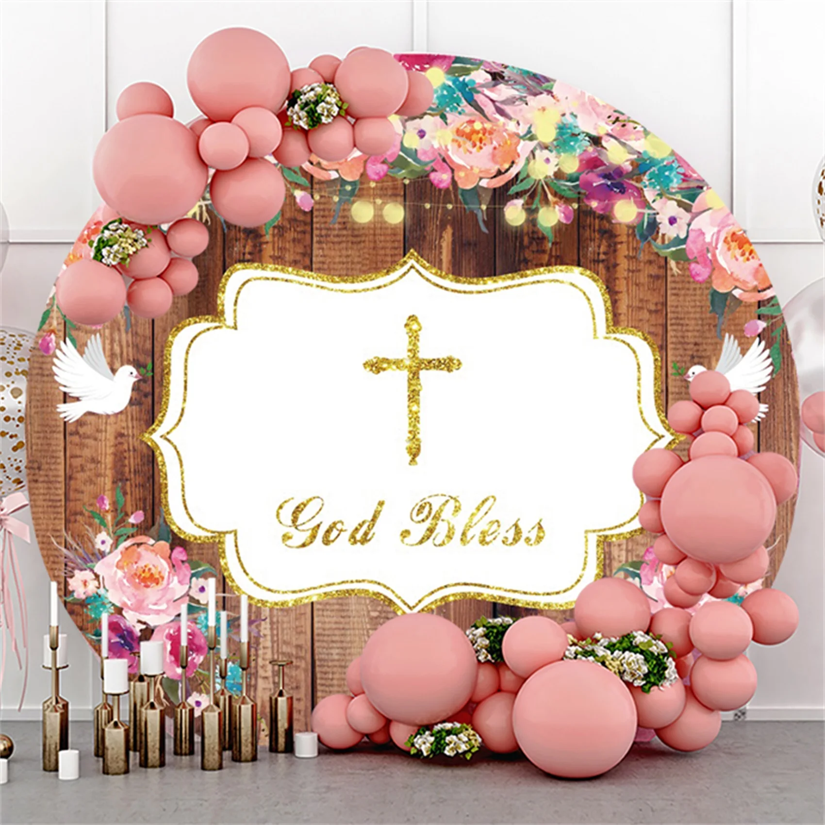 God Bless Party Backdrop Bohemian Pampas Grass Baptism Round Circle Cover Pink Floral Gold Christening Wood Board Background