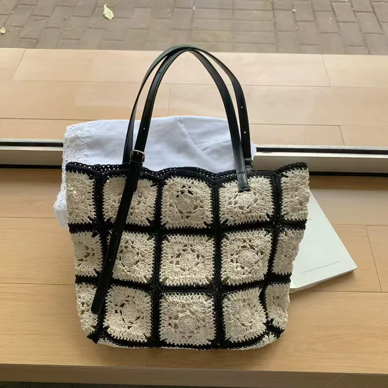 Korean Version Waxed Rope Crochet Tote Bag 2026 New Black And White Checkered Retro Patchwork Bag Large-capacity Shoulder Bag