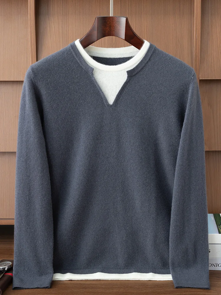 100% Cashmere Men's Hoodie Fake Two piece Autumn/Winter Casual Fashion Top Knitted Sweater