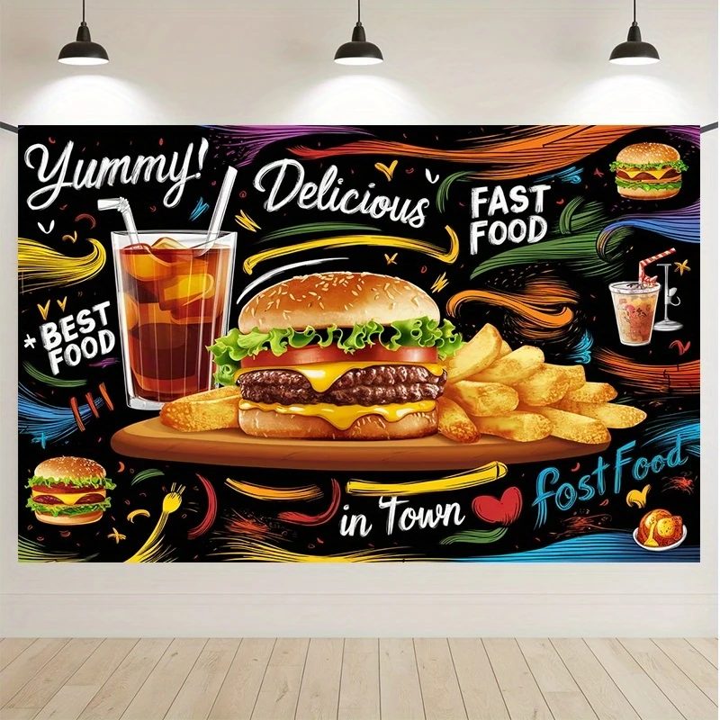 VIKAMA Hamburger Fries Themed Tapestry, Party Decoration Backdrop, Wall Hanging Decoration For Bedrooms And Living Rooms