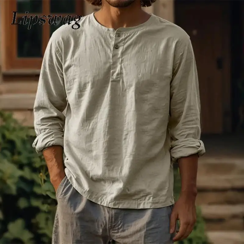 

Vintage Pure Color Buttoned Henley Neck T-shirts Mens Daily Leisure Thin T Shirt Spring Summer Casual Breathable Linen Tops Men