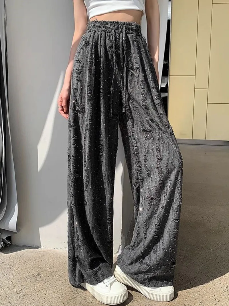 

Fashion Chic Glitter Diamond Hole Breaking Baggy Pants 2000s 90s Casual Wide Leg Pants Youthful Women Harajuku Trousers Clothing