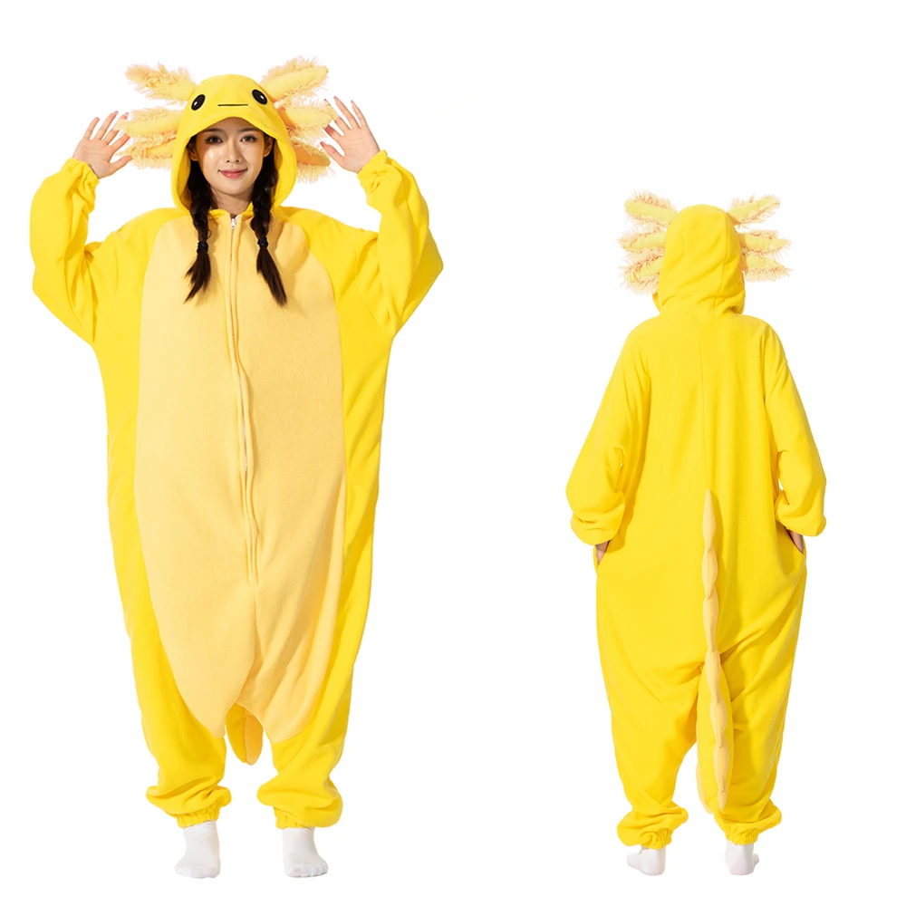 Animal Kigurumi Costume Halloween Onesie Gold Axolotl For Women Men Adult Kids Pyjamas Cartoon Pajama Cosplay Party Homewear