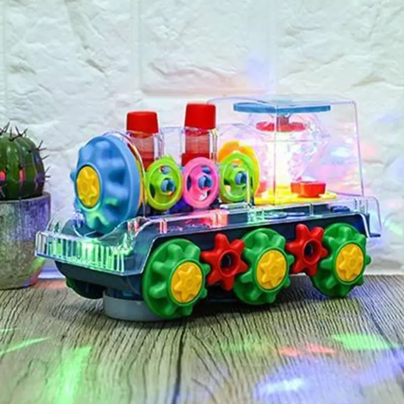 Tren de juguete con rotación de 360 grados, tren de engranaje resistente con luces Led y música, tren de colores brillantes, juguete con motor para niños