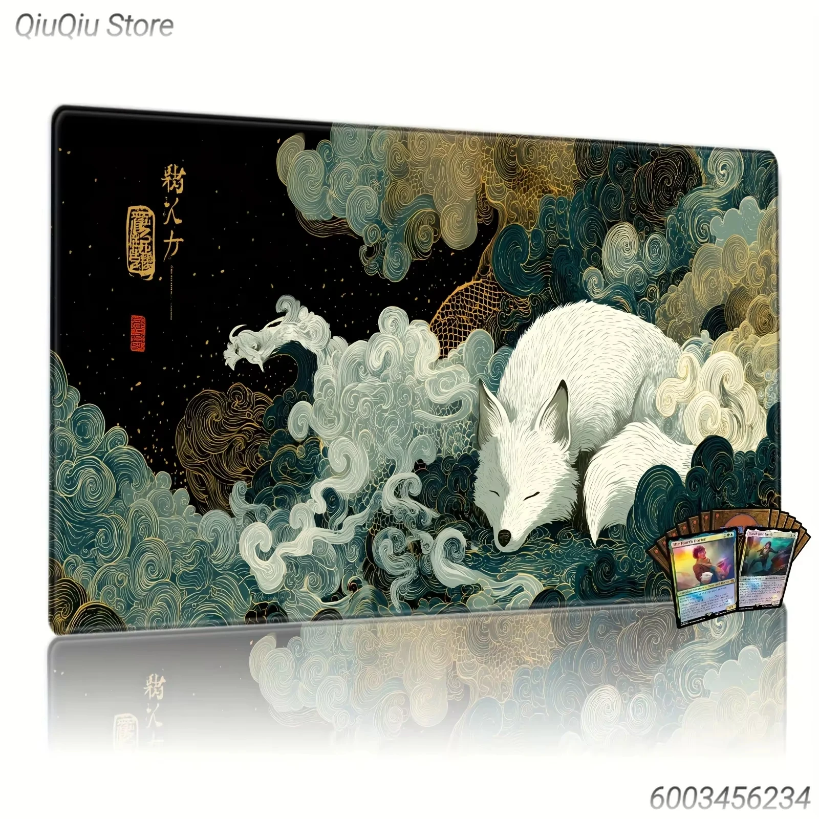 Kitsune Fox Art Large Mouse Pad, Non Slip Rubber Base Desk Mat for MTG & Trading Card Games