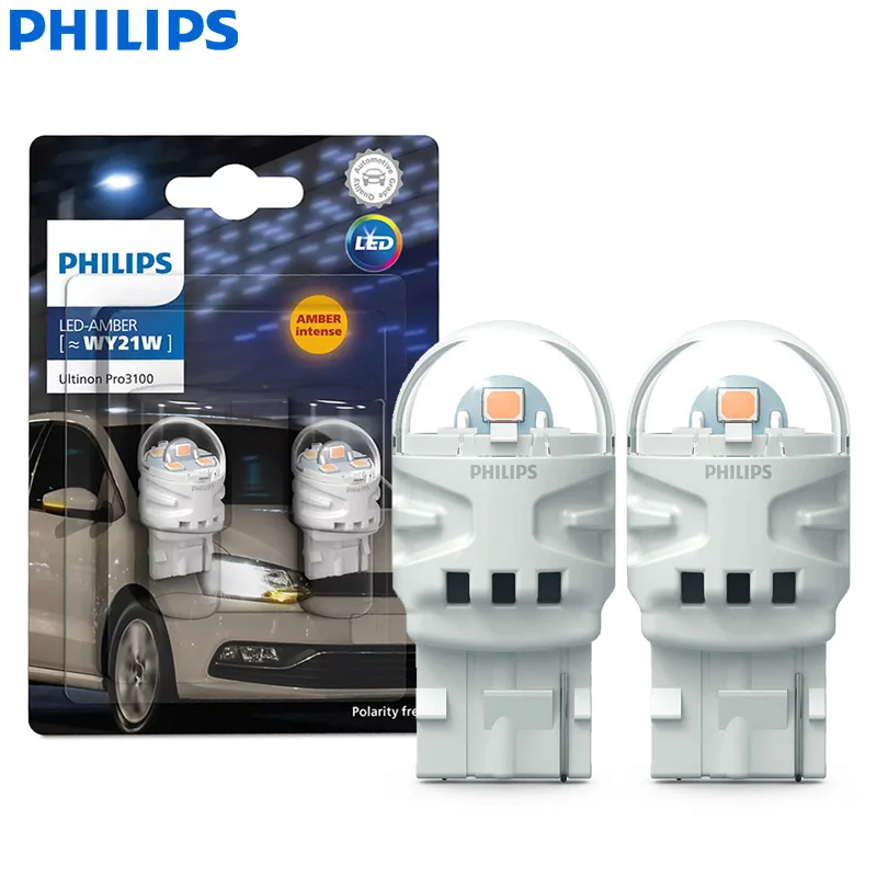 Philips Ultinon Pro3100 LED WY21W T20 7440 Amber Color Car Turn Signal Lamps Rear Side Indicators Bulbs 11071AU31B2, 2x