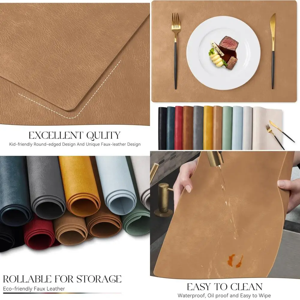 

Set of 12 - 12x17 Inch Waterproof Faux Leather Placemats, Oil-Proof, Wipeable, Reversible for Kitchen & Dining (Camel)