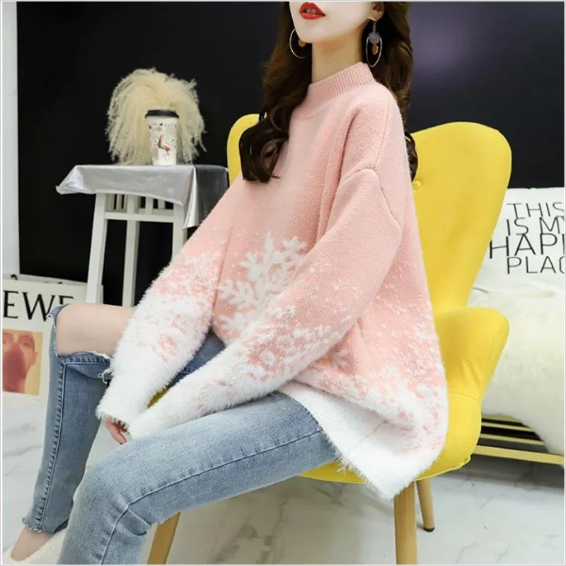 Christmas Loose Sweaters Women Thick Snowflake Knitted Pullovers Winter Vintage Soft Warm Casual Female New Jumpers