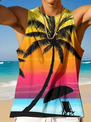 Palm Print Stylish Beach Tank Tops Summer Casual Everyday Sleeveless T-shirt For Men Hawaiian Outdoor Beach Men Fashion Tank Top