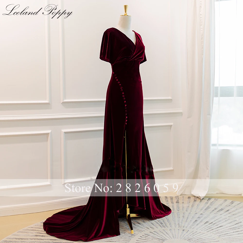 Lceland Poppy Women's Elegant V Neck A Line Velvet Evening Dresses Floor Length Formal Evening Gowns with Side Slit